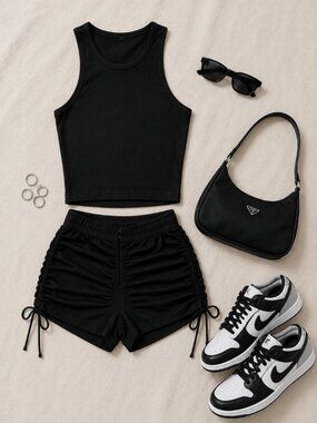 🖤 Black Ribbed Tank & Ruched Shorts Set 🖤